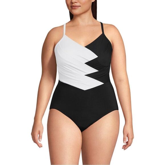 Land's End slender 1 piece swimsuit pleated X back soft swimsuit black white Var - Picture 6 of 10